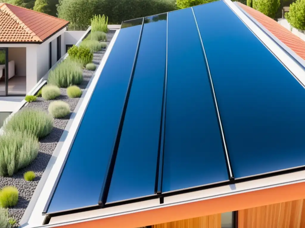 Sistemas solares térmicos para vivienda sostenible: Detalle de paneles solares en moderno edificio, capturando innovación ecoamigable