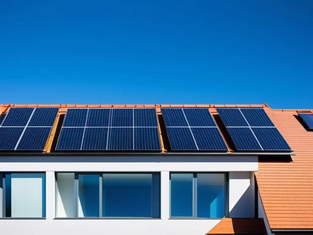 Sistemas solares térmicos para vivienda sostenible: Edificio residencial moderno con paneles solares integrados, captando la luz solar y ofreciendo calor y agua caliente sostenible para los residentes