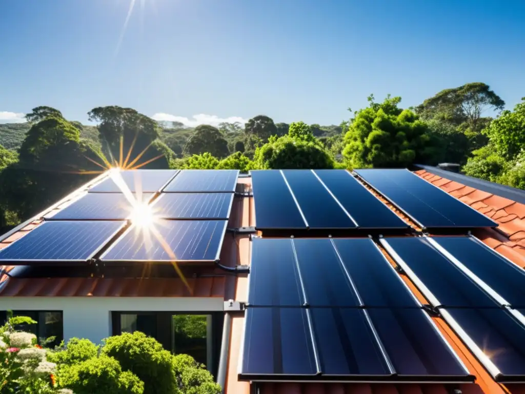 Sistemas solares térmicos para vivienda sostenible: Un tejado residencial con paneles solares térmicos integrados en un entorno soleado y verde