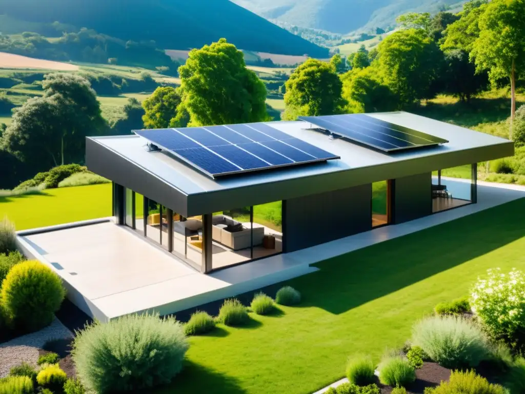 Sistemas solares térmicos para vivienda sostenible: Casa moderna con paneles solares en el techo, rodeada de naturaleza exuberante