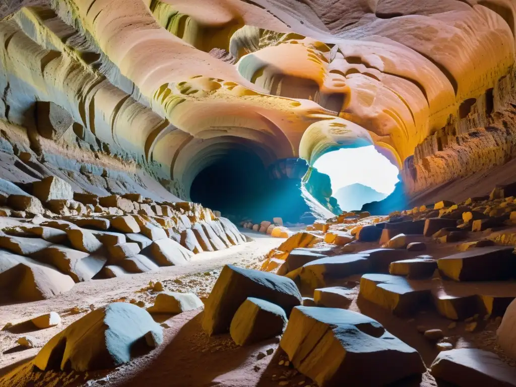 Los sistemas de túneles naturales: un misterioso mundo subterráneo iluminado por una luz etérea, revelando formaciones geológicas impresionantes