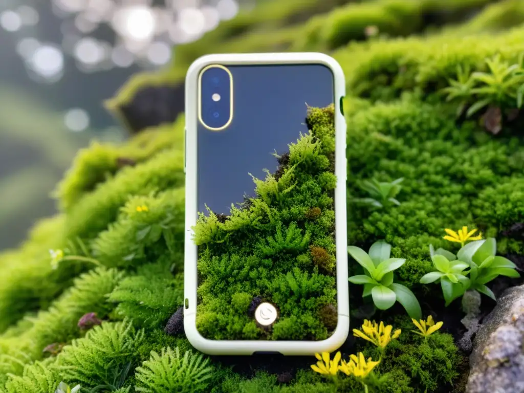 Un smartphone ecológico reposa sobre musgo verde vibrante, destacando su tecnología en armonía con la naturaleza