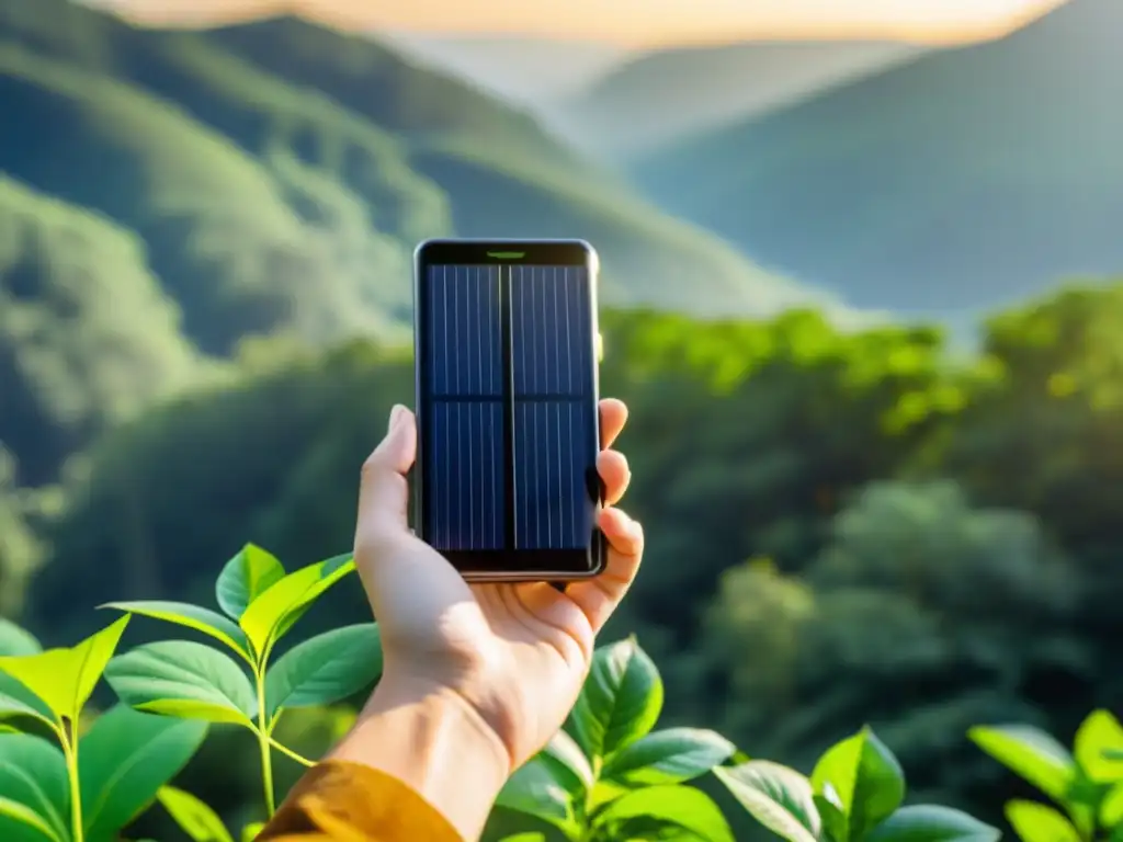 Un smartphone solar en la naturaleza, destacando la armonía entre gadgets ecológicos y la tecnología