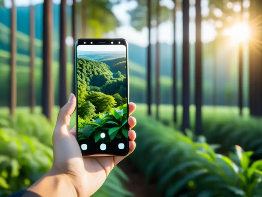 Un smartphone solar en la naturaleza, reflejando la fusión entre tecnología y naturaleza