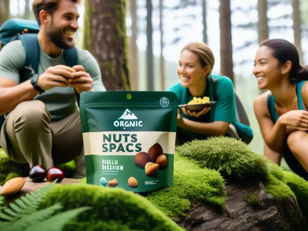 Hikers disfrutan de snacks para expediciones responsables en un bosque exuberante y vibrante