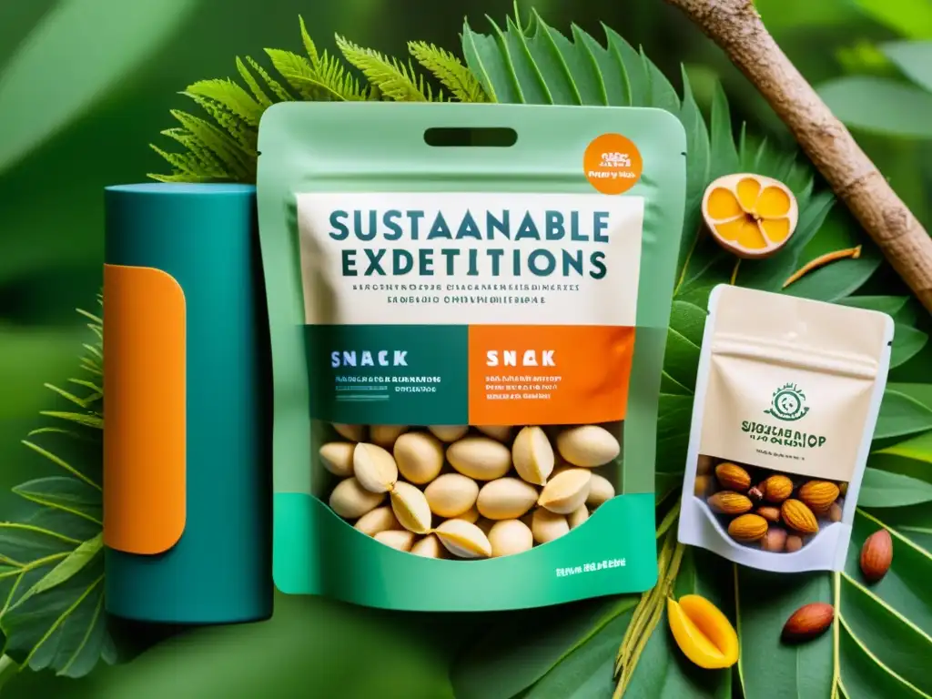 Snacks para expediciones responsables: selección detallada de frutas secas y nueces en empaque biodegradable, en armonía con la naturaleza