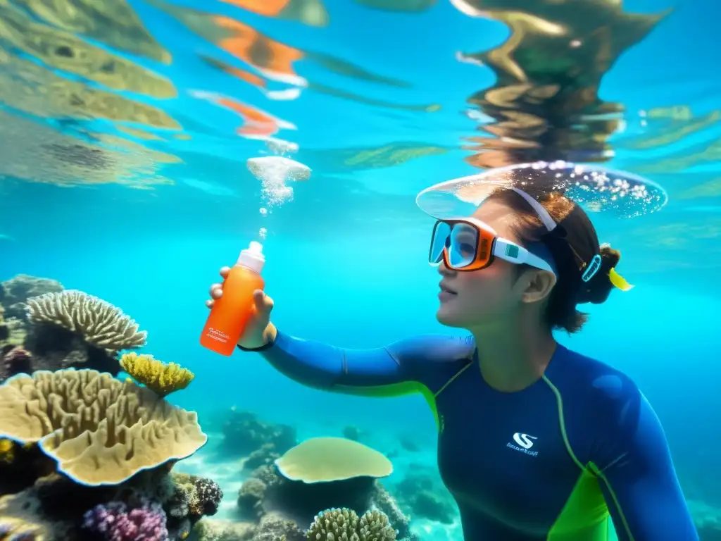 Un snorkel aplica protector solar eco-friendly en un arrecife de coral, rodeado de vida marina