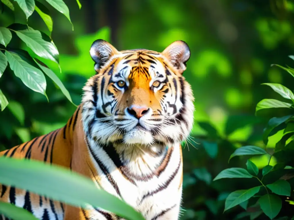 El sol filtra a través de las hojas, iluminando el majestuoso tigre de Bengala entre la densa vegetación de la selva india