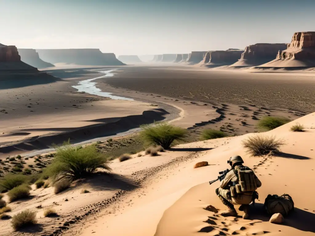 Soldados patrullan un desierto árido, destacando la escasez de recursos naturales y la seguridad nacional