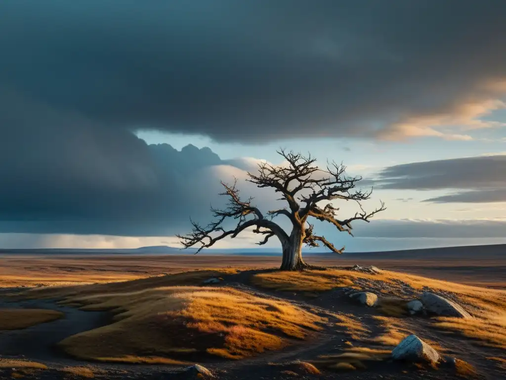 Solitario árbol retorcido en la desolada tundra bajo un cielo melancólico, inspiración en la tundra