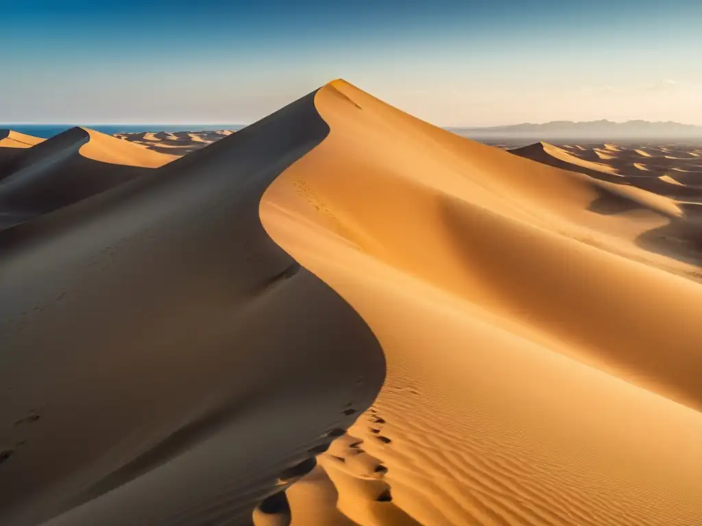 Un solitario explorador se destaca en la cima de una duna, observando el vasto desierto dorado bajo un cielo azul