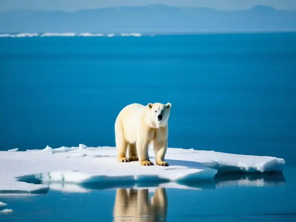 Un solitario oso polar en una banquisa derretida, reflejando el impacto del cambio climático en la conservación de especies endémicas