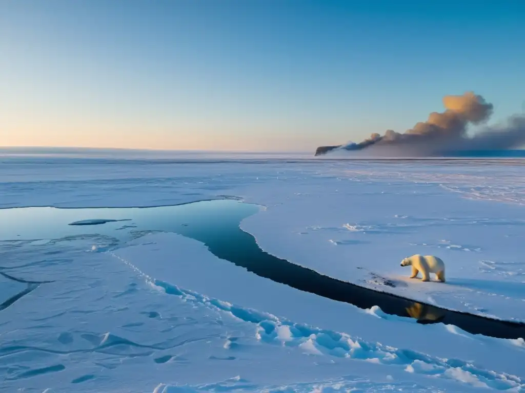 Solitario oso polar en la tundra, impacto humano en el paisaje helado