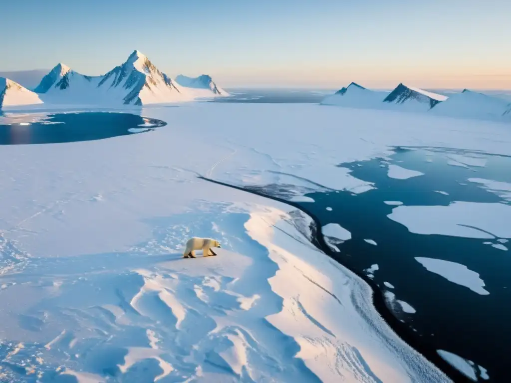 Un solitario oso polar atraviesa el vasto paisaje ártico nevado, destacando la conservación del hábitat del oso polar