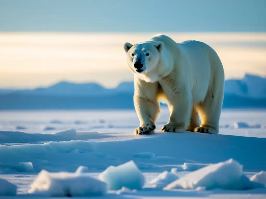 Un solitario oso polar contempla su vasto reino helado, su pelaje cubierto de nieve