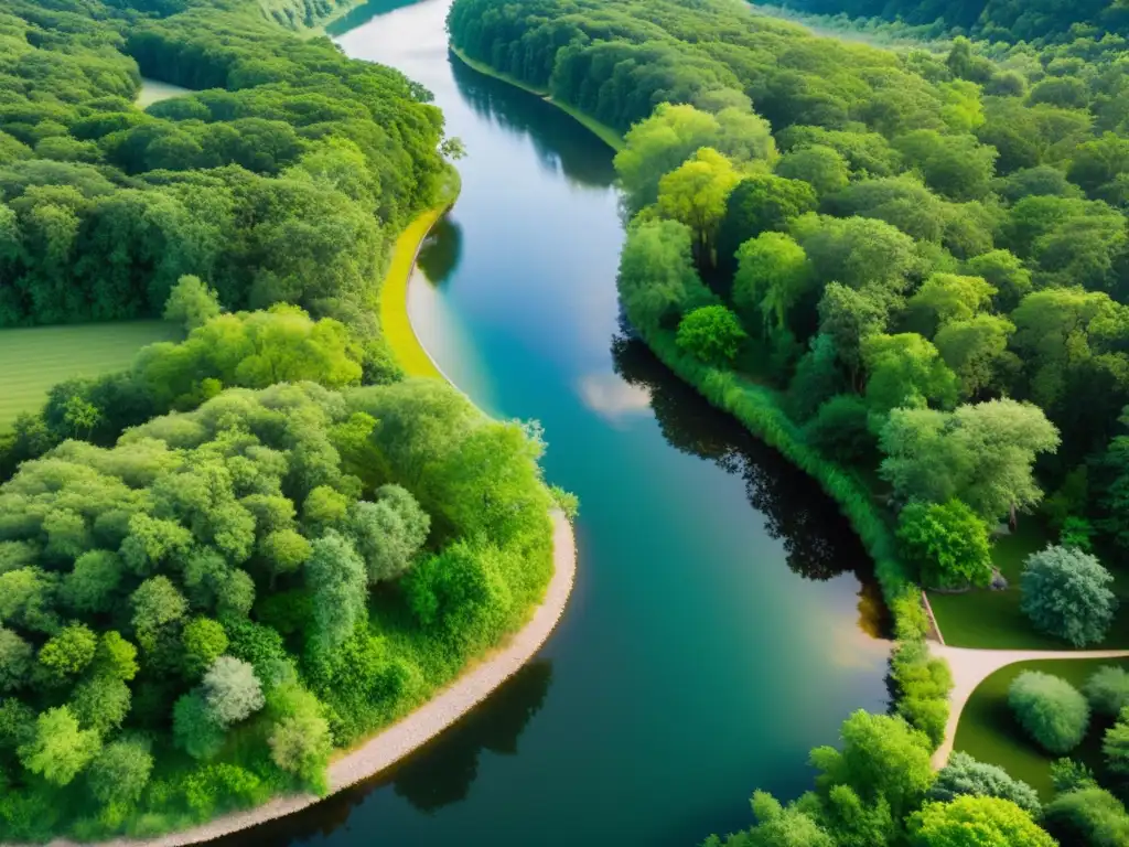 Soluciones innovadoras tratamiento aguas comunidades: Un río sereno y soleado serpentea entre un frondoso bosque, donde se encuentra una pequeña y novedosa planta de tratamiento de agua, integrada de forma innovadora en el entorno natural