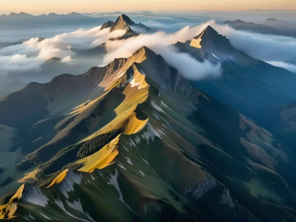 Interpretación de los sonidos de las montañas y ecosistemas al amanecer, con neblina y luz dorada, transmitiendo su majestuosidad y misterio