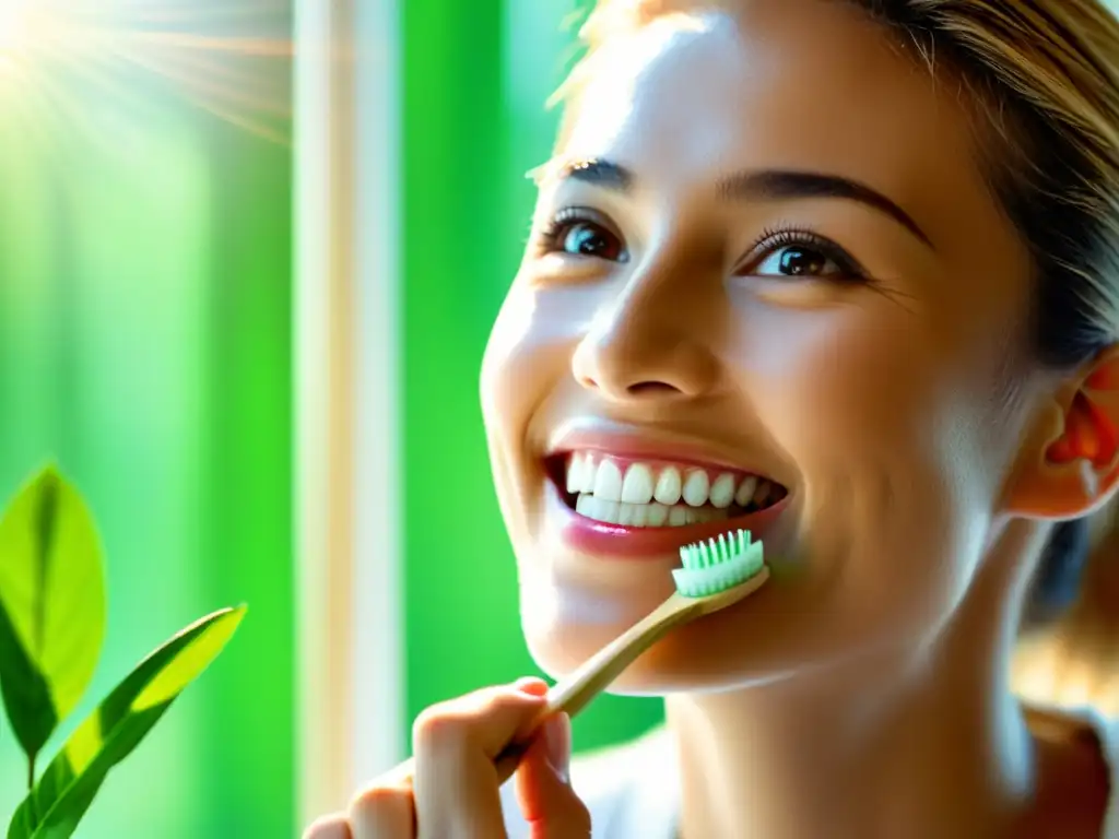 Con una sonrisa radiante, una persona usa una alternativa ecológica: cepillo de dientes de bambú y pasta dental natural, iluminada por el sol