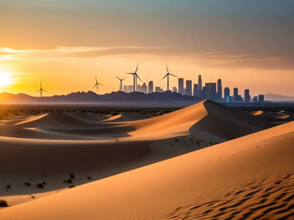 La sorprendente adaptación de ciudades a desiertos urbanos con arquitectura futurista y energía sostenible en un paisaje desértico al atardecer
