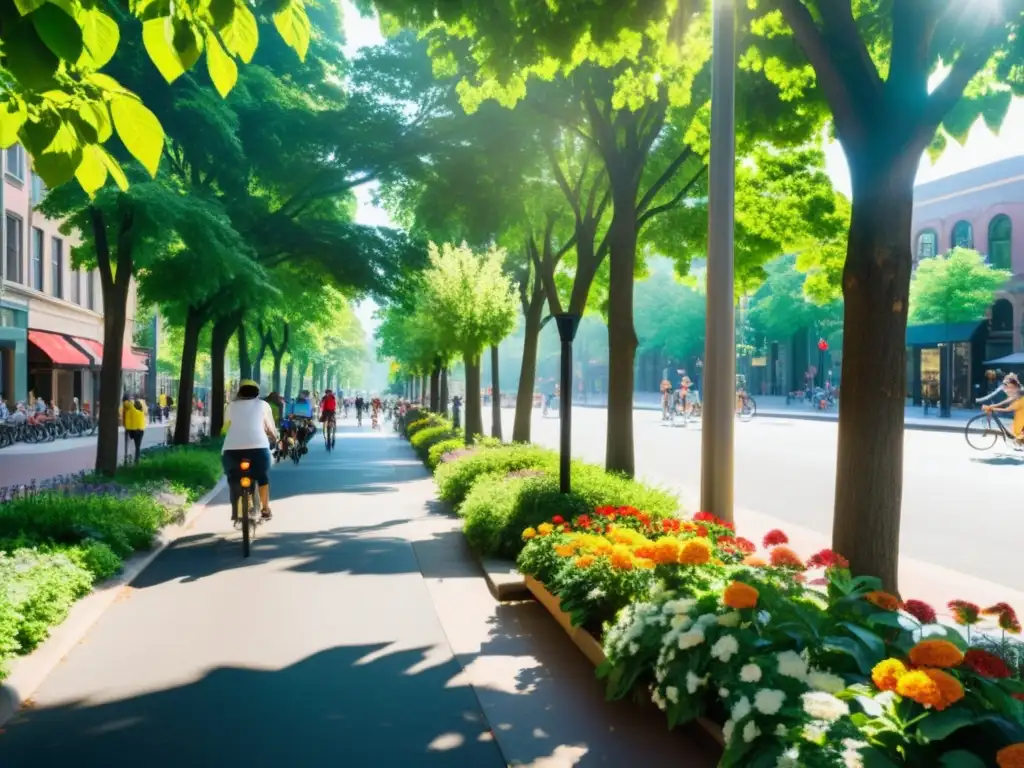 Sostenibilidad urbana integrando naturaleza en bulliciosa calle de la ciudad, con árboles y flores, personas caminando y edificios modernos al fondo