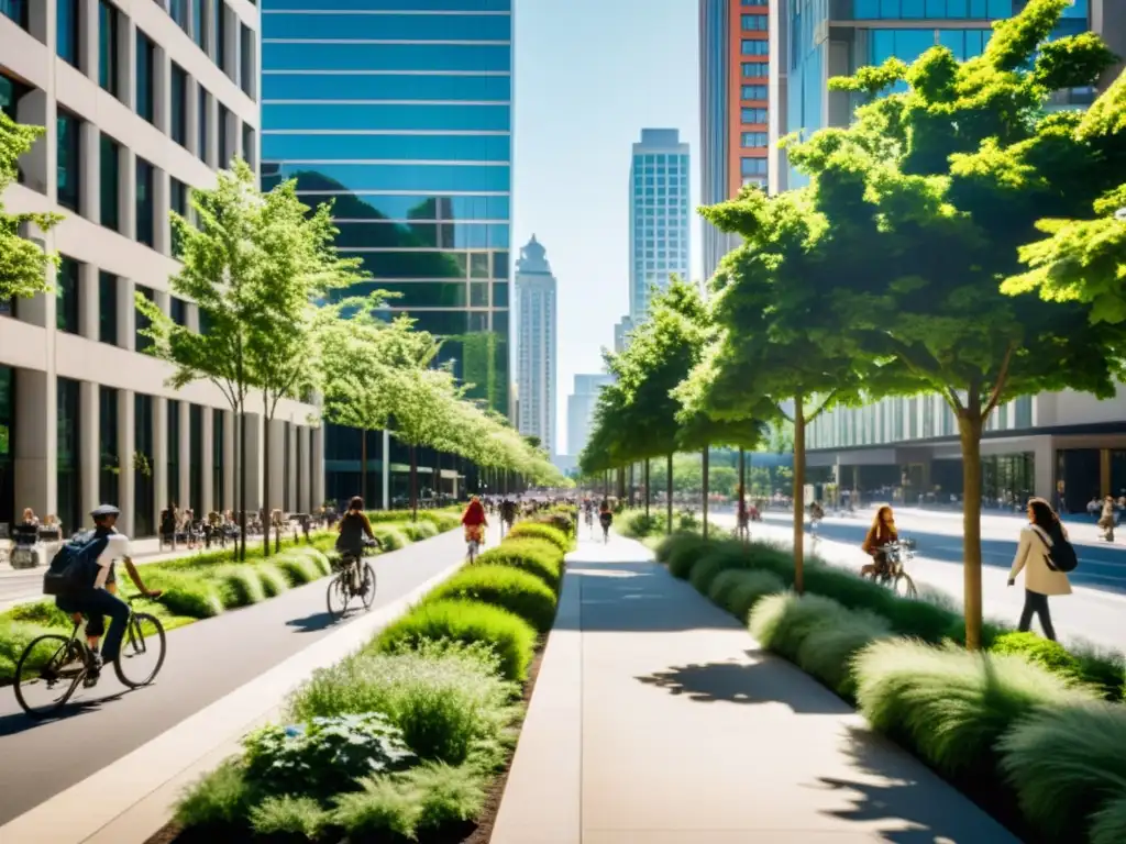 Sostenibilidad urbana integrando naturaleza: Ciudad bulliciosa con edificios modernos y espacios verdes, armonía entre lo urbano y lo natural