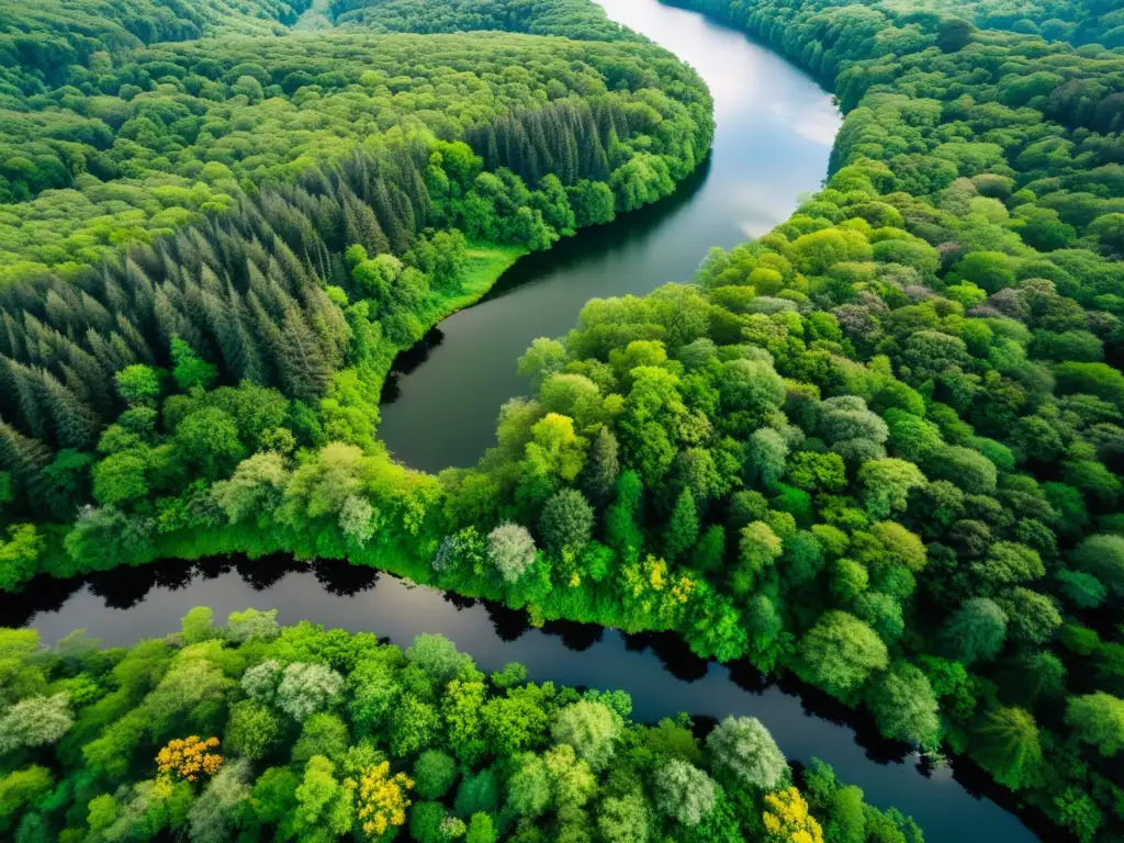 Inversión sostenible en bonos verdes: Un bosque exuberante y biodiverso, iluminado por el sol, con un río serpenteante y flores silvestres