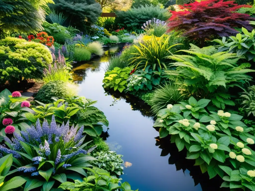 Jardín ecológico sostenible con diversidad de plantas nativas, senderos de piedra y arroyo sereno