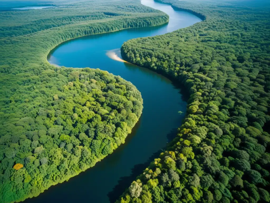 Inversión sostenible para proteger ecosistemas: Fotografía aérea impresionante de un exuberante bosque con río serpenteante y luz filtrándose entre el dosel, reflejando la belleza y biodiversidad del ecosistema