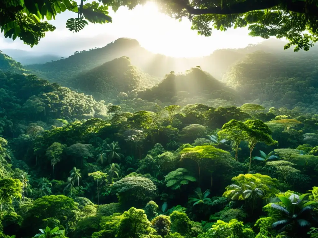 Inversión sostenible para proteger ecosistemas: Una exuberante selva tropical con árboles imponentes, follaje verde vibrante y una diversidad de vida