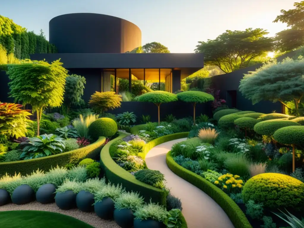 Un jardín sostenible de ensueño, con senderos meticulosamente diseñados y una exuberante vegetación, bañado en suave luz dorada