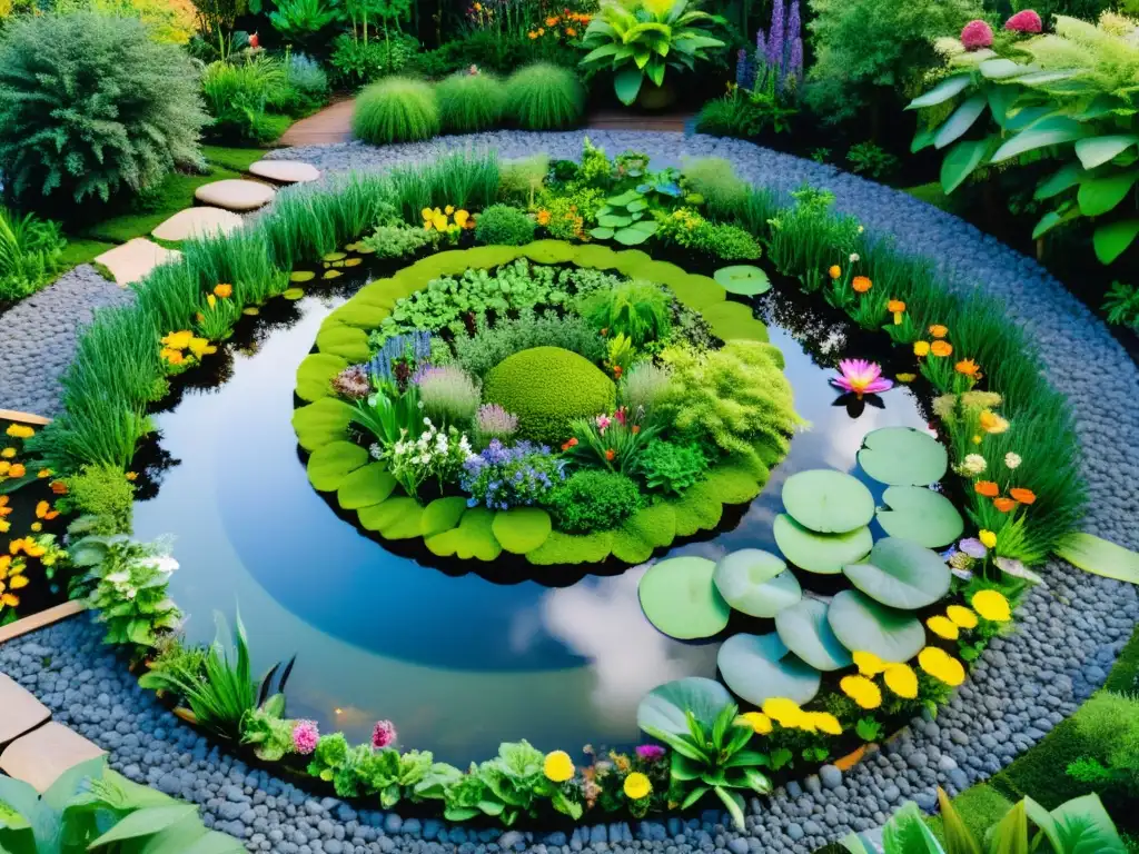 Un jardín sostenible de permacultura, con círculos de plantas verdes, flores coloridas, piedras y vida silvestre