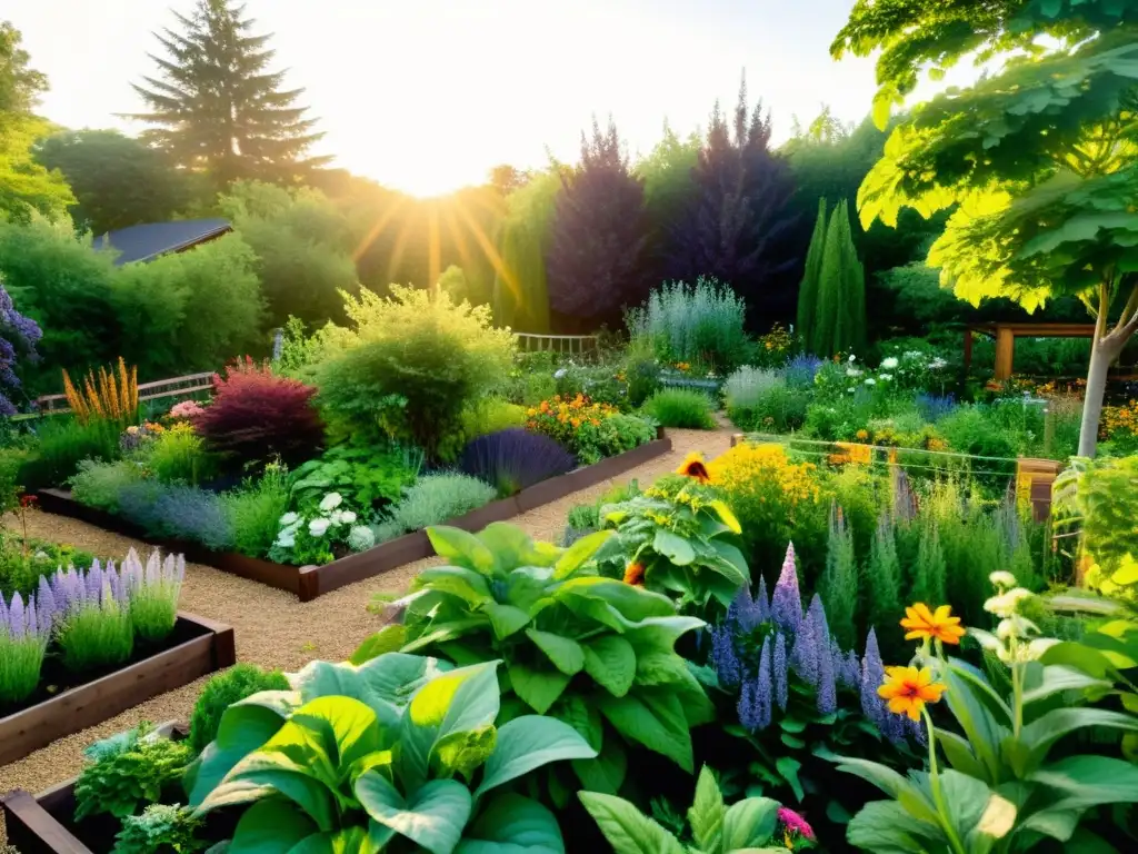 Jardín sostenible permacultura: diversidad de plantas y armonía, con abejas y mariposas entre flores, bañado por cálido sol