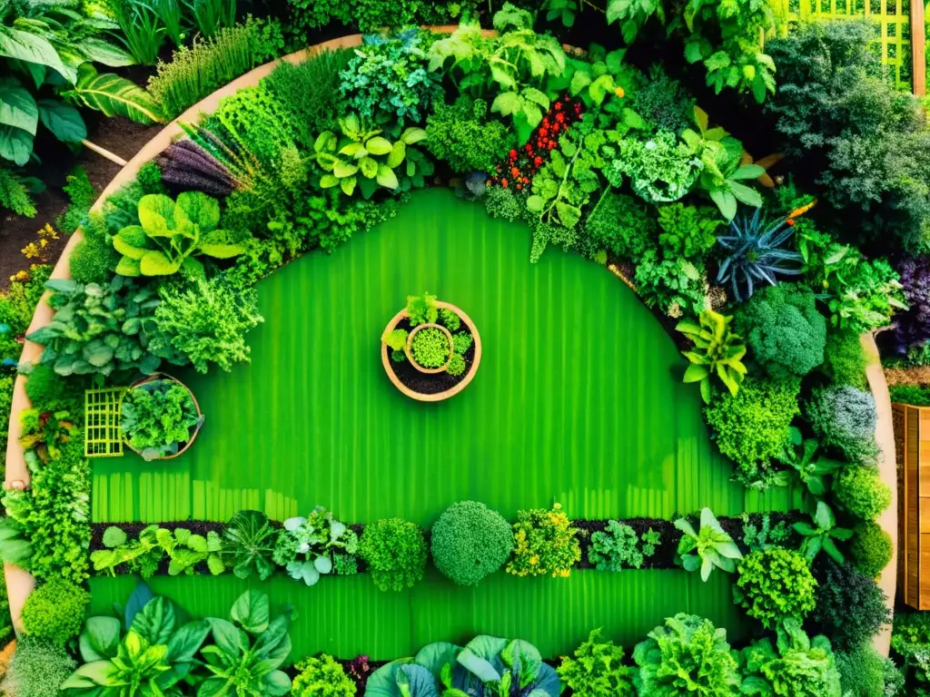 Un jardín sostenible de permacultura rebosante de vida, con vegetales, frutas y hierbas interplantados en armonía, bañado por la luz del sol