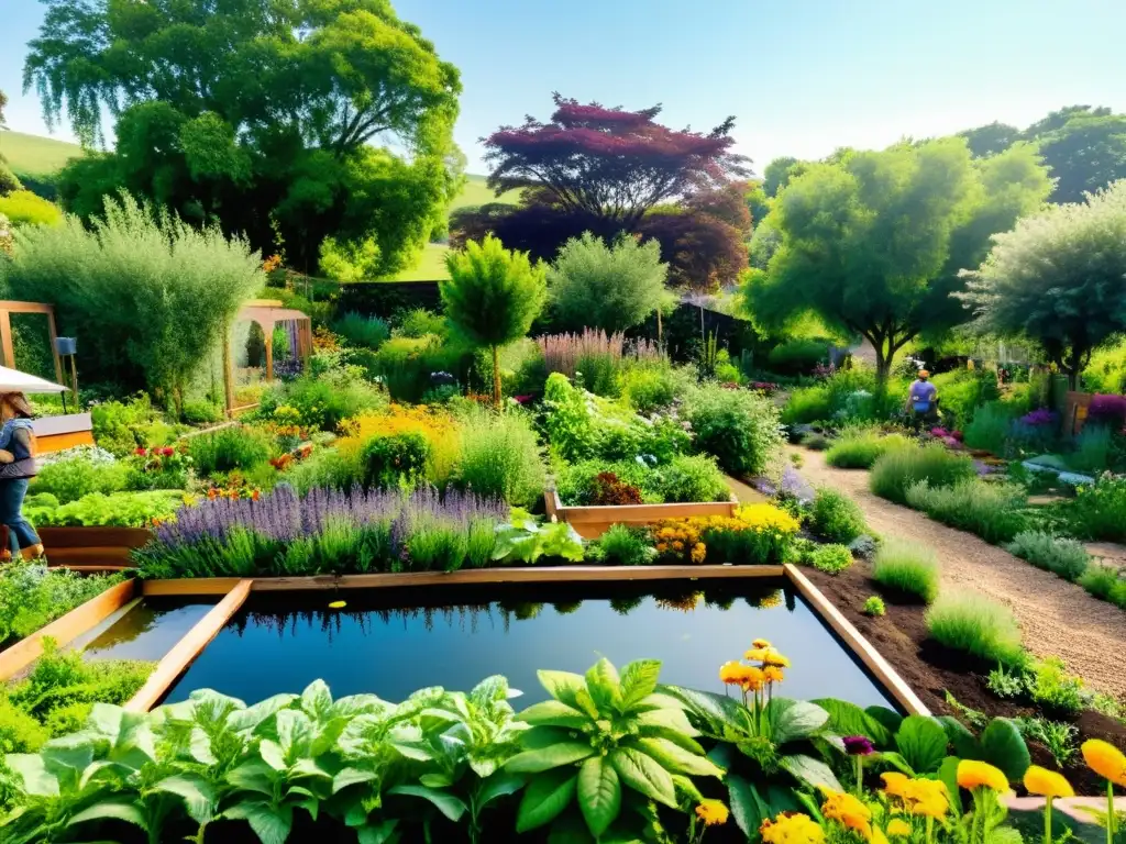 Un jardín sostenible de permacultura rebosante de vida, con plantas diversas en un diseño sostenible y armonioso