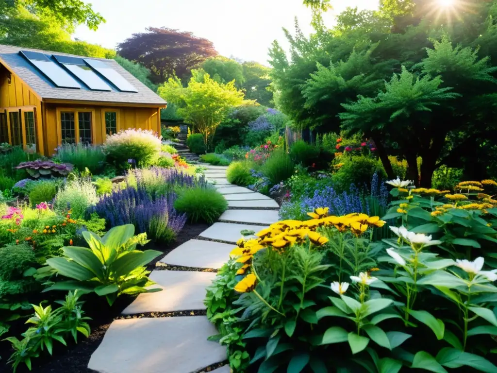 Jardín sostenible con biodiversidad de plantas y flores nativas, equipamiento sostenible para jardinería ecológica