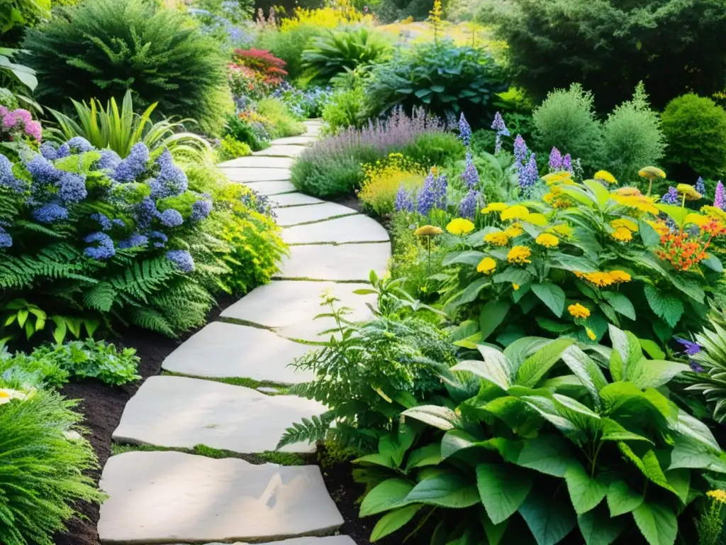 Jardín sostenible con plantas nativas, flores vibrantes y un sendero de piedra