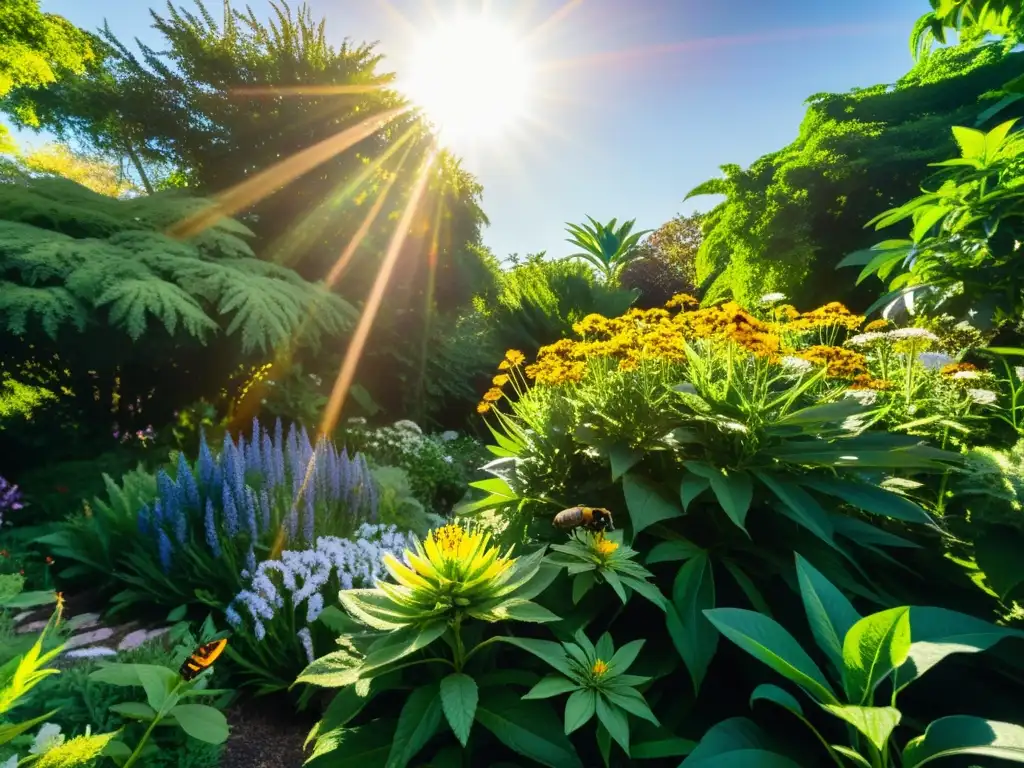 Jardín sostenible con plantas nativas en plena floración, reflejando los principios de paisajismo ecológico sostenible