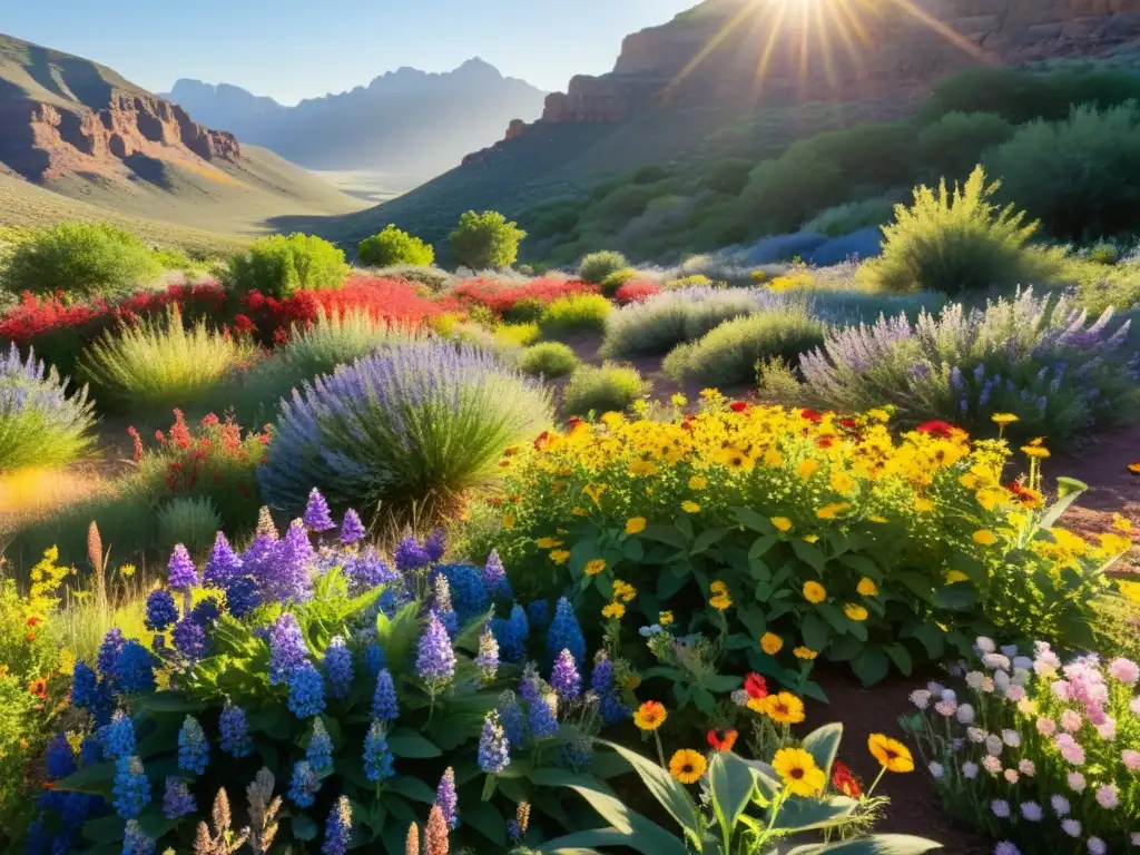 Un jardín sostenible rebosante de flores silvestres en tonos vibrantes