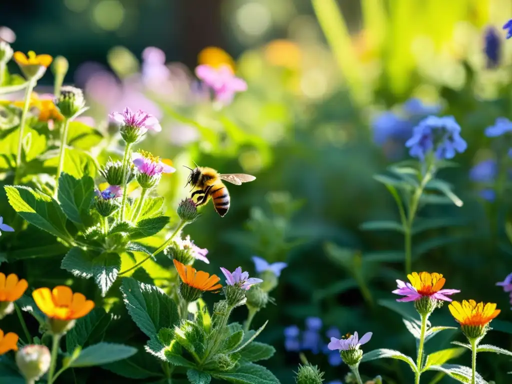 Un jardín de flores silvestres sostenible rebosante de vida, colores y texturas, con insectos y microorganismos entre las flores