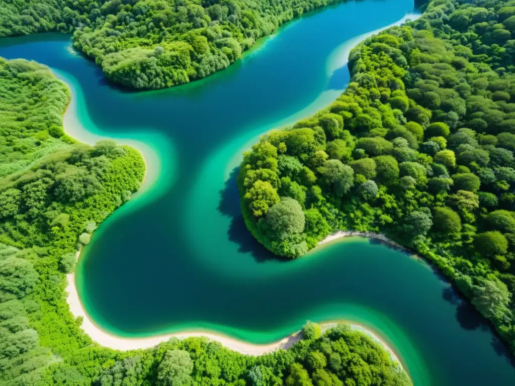 Gestión sostenible de recursos hídricos: Un río prístino serpentea entre exuberante vegetación, bajo cielos azules