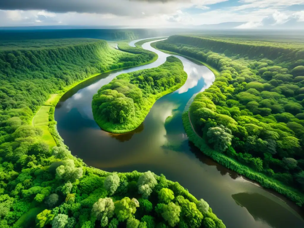 Gestión sostenible recursos hídricos: Río serpenteante rodeado de exuberante vegetación, reflejos de sol y red de afluentes