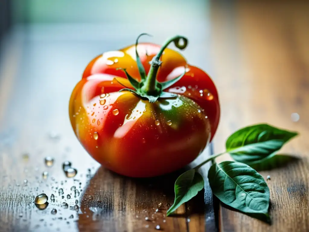 Tomate orgánico y albahaca: una obra de arte culinaria Una suculenta y colorida tomate orgánico descansa sobre una tabla de cortar rústica, rodeada de hojas de albahaca fresca, bañada por la luz natural