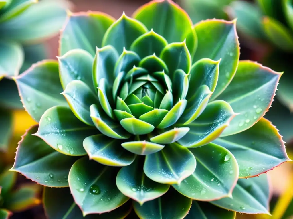 Una suculenta verde vibrante con gotas de agua reflejando la luz suave