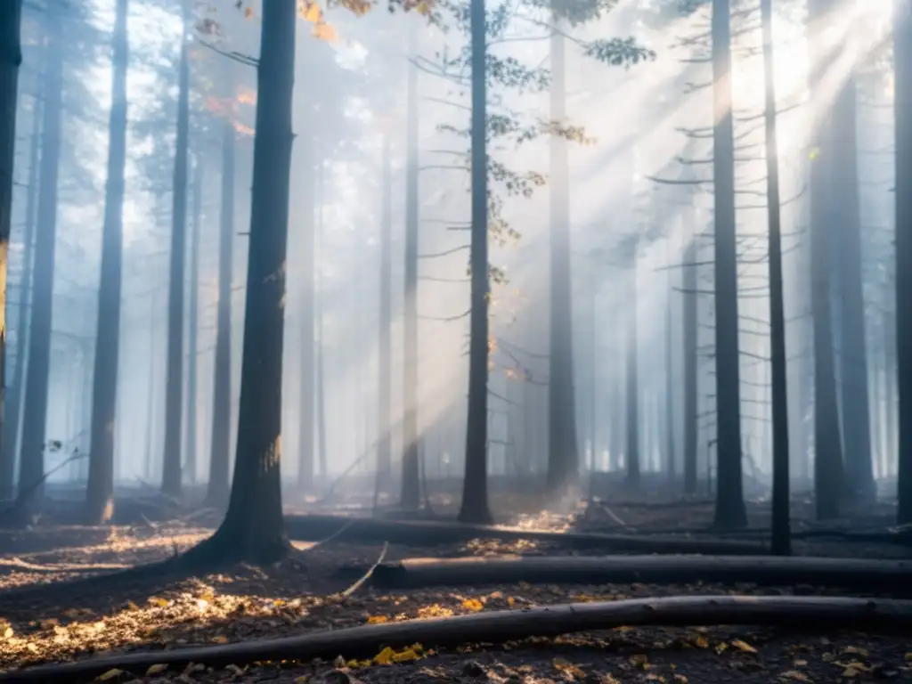 El suelo del bosque cubierto de hojas secas y ramitas, con la luz solar filtrándose entre el denso dosel de árboles