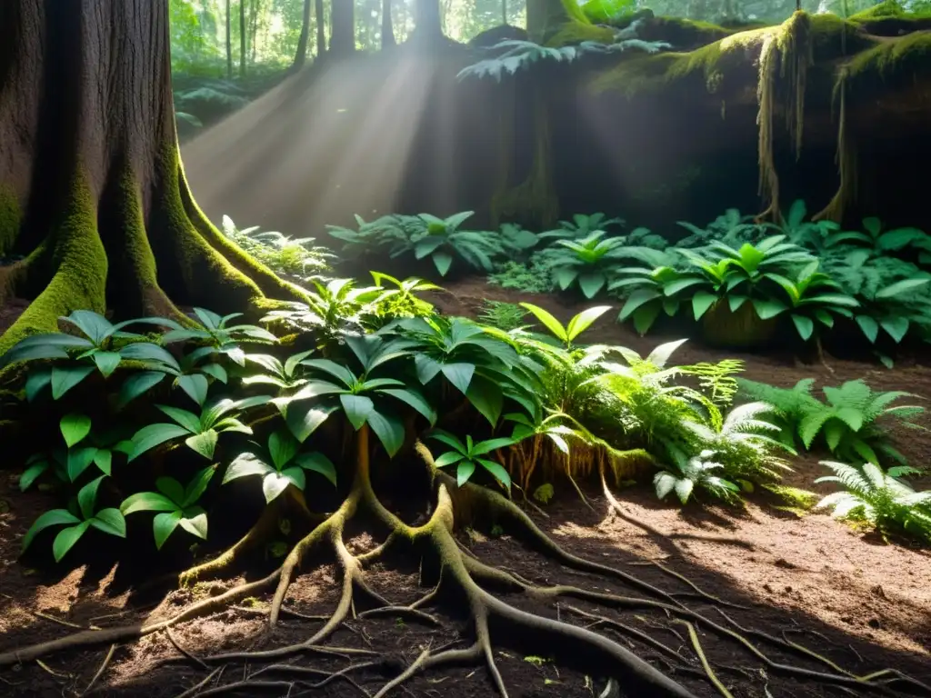 Un suelo forestal exuberante con competencia microbiana, vida vegetal diversa y raíces entrelazadas en la tierra oscura