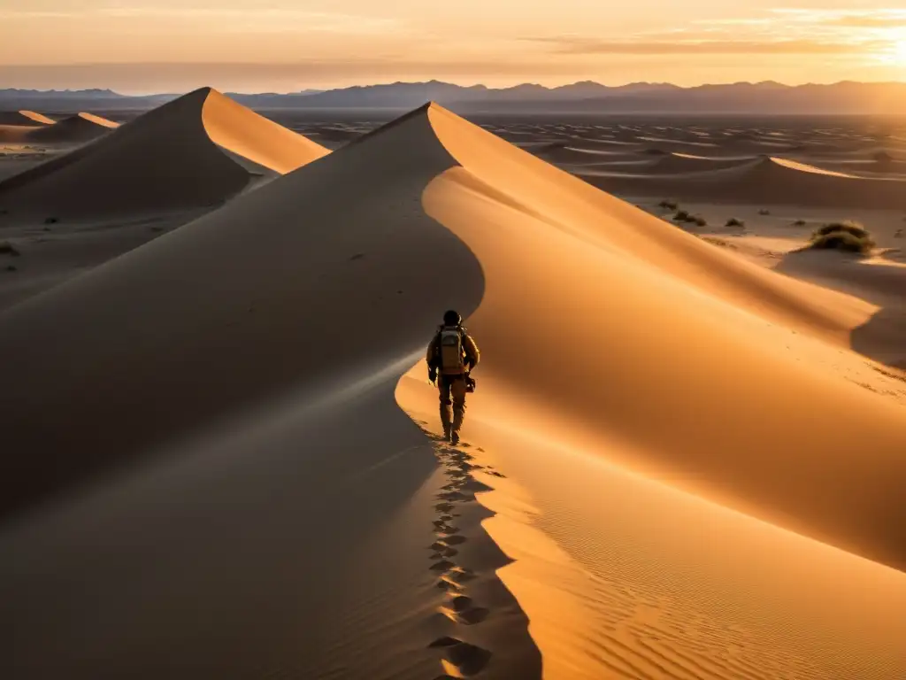 Un superviviente en ecosistemas áridos trudga por dunas de arena dorada hacia un oasis distante bajo el sol del desierto