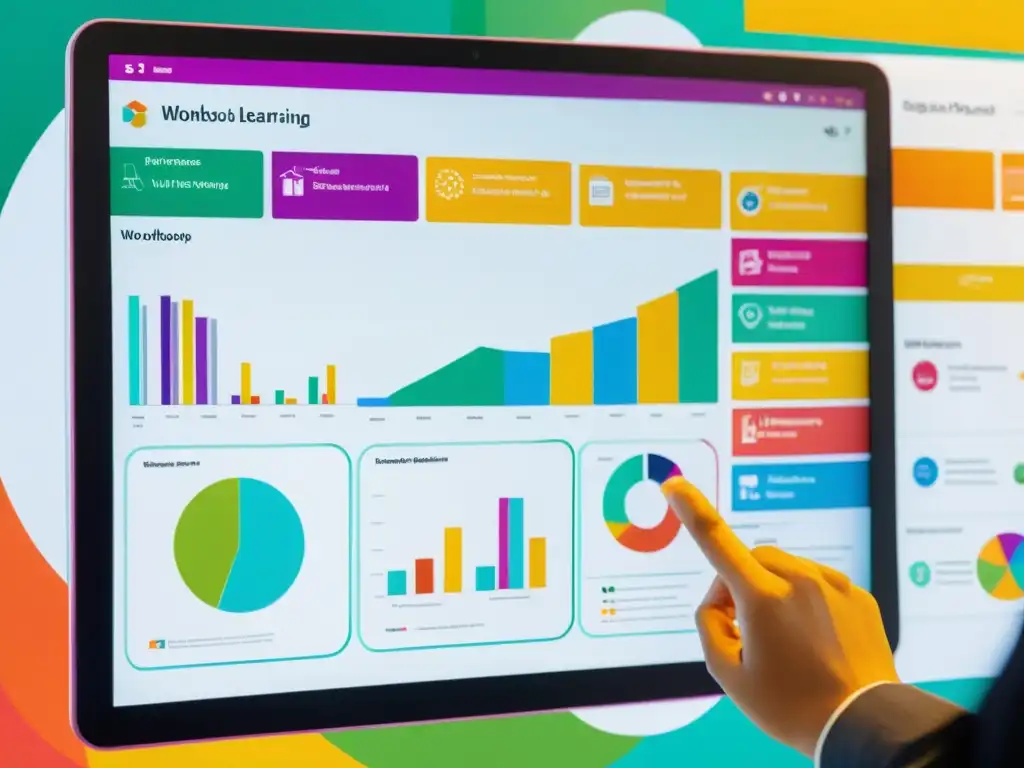 Tablet muestra vibrante taller online sobre herramientas de aprendizaje ecosistemas, con participantes colaborando en tiempo real