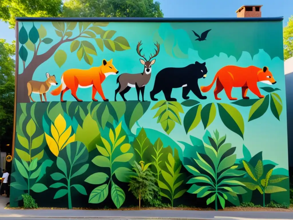 Tácticas creativas en el activismo ambiental: Activistas pintan un mural detallado y vibrante de la naturaleza en un edificio urbano