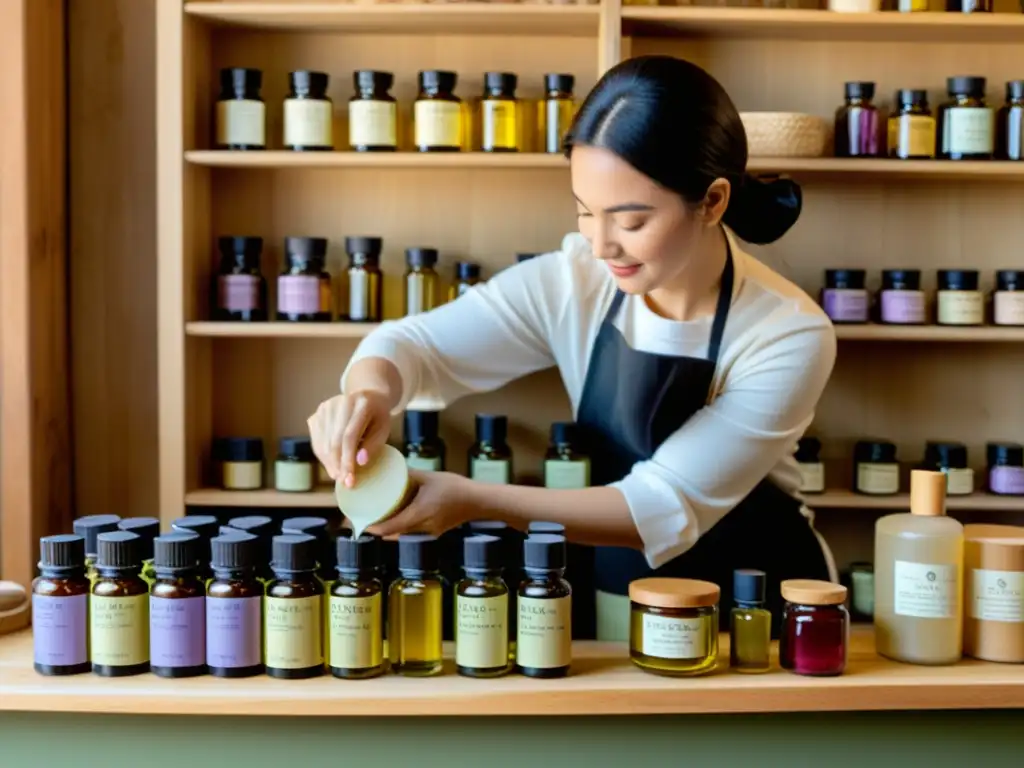 Un taller de cosmética artesanal con ingredientes naturales y artesano elaborando productos, identificar cosméticos naturales certificados