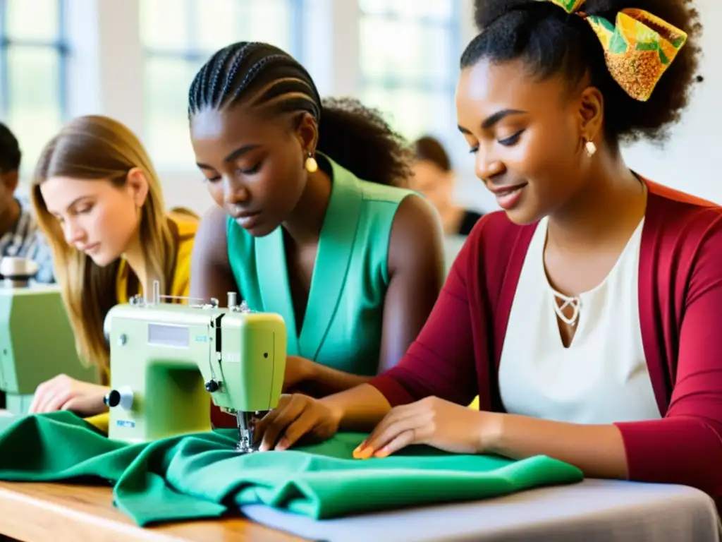 Un taller de moda sostenible con estudiantes diversos diseñando y creando ropa ecológica